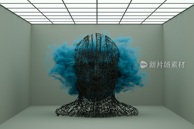 3D Wired Shape Cyborg Head，人工智能概念